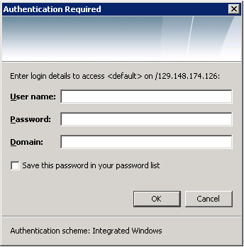 NTLM Authentication required. Provide your username, password and domain name