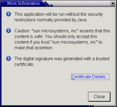 More Information dialog that appears after user clicks Run in the Security dialog