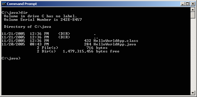 Directory listing, showing the generated .class file