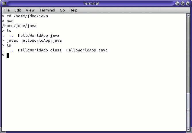 Results of the ls command, showing the generated .class file.