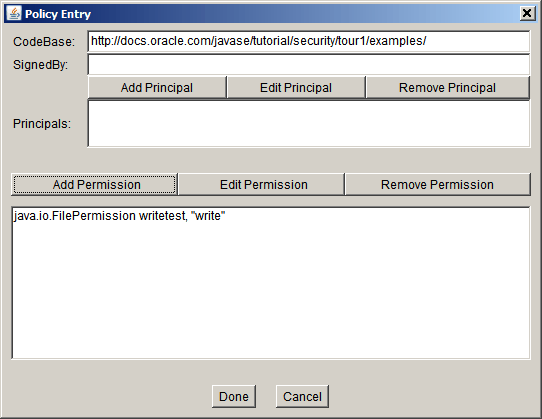 the new permission, listed in the Policy Entry dialog
