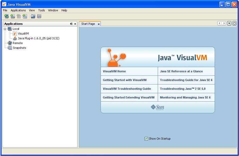 снимок экрана окна VisualVM с экраном Start