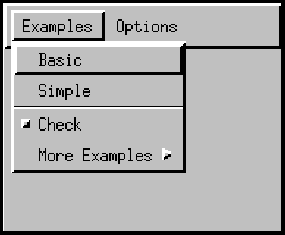 Схема MenuBar, содержащего 2 меню: Примеры и Опции. Меню в качестве примера расширяется, показывая элементы: Основной, Простой, Проверка, и Больше Примеров.