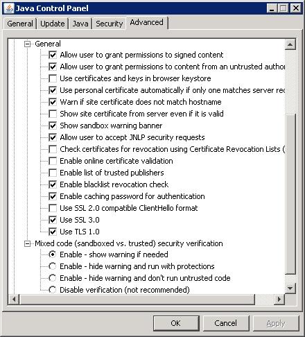 Снимок экрана Панели управления Java