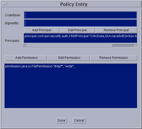 Диалоговое окно Записи политики показ X500Principal и разрешения файла