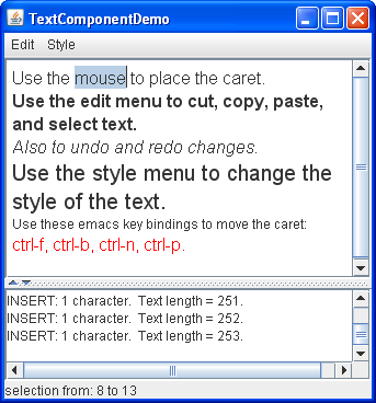 Снимок TextComponentDemo, который содержит специализированную текстовую область и стандартную текстовую область
