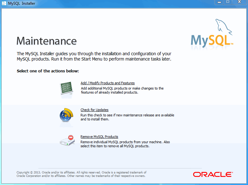 MySQL Installer - Экран Обслуживания