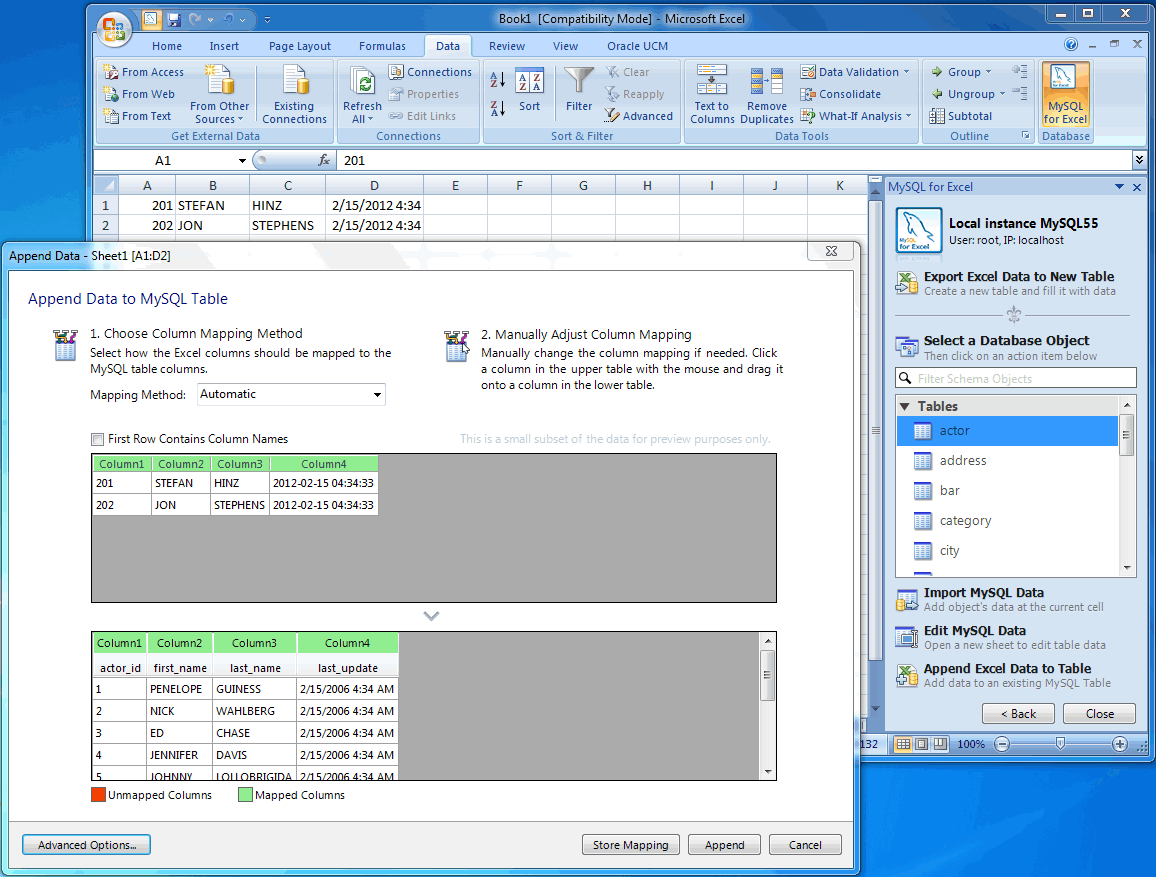 Добавление данных Excel к MySQL (Автоматическое отображение)