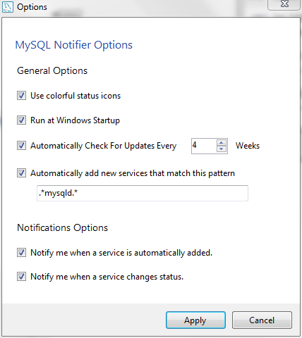 MySQL Notifier для Microsoft Windows Options menu