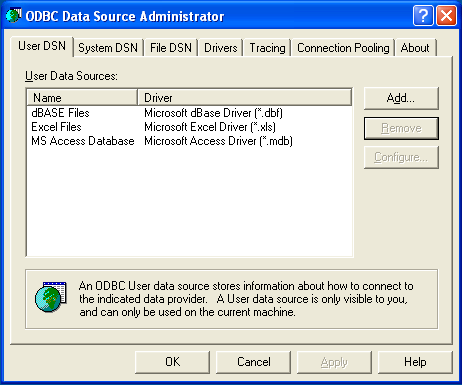 Диалоговое окно ODBC Data Source Administrator