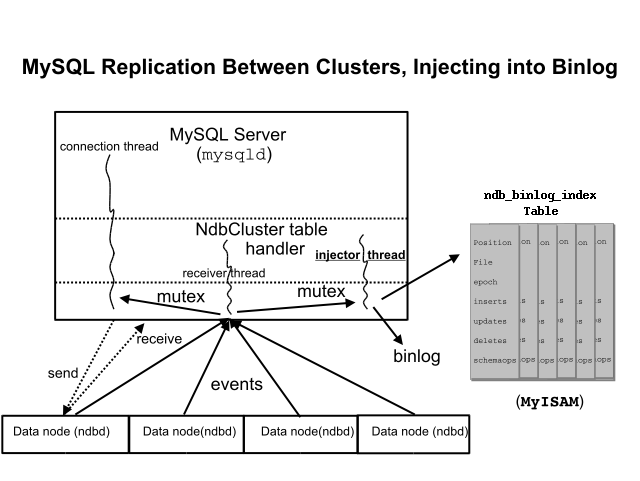 The replication master cluster, the binlog injector thread, and the ndb_binlog_index table