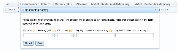 MySQL Cluster Auto-Installer Edit Hosts(s) dialog.