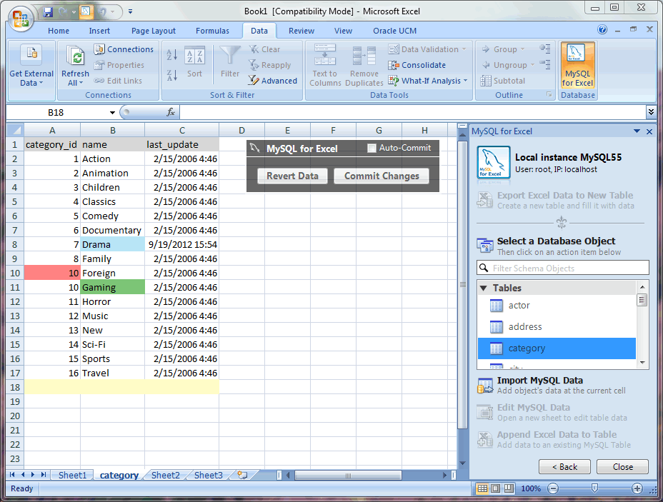 Editing table data with MySQL for Excel