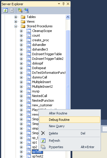 Screen capture of stored procedure debugger, showing how to choose a stored routine to debug