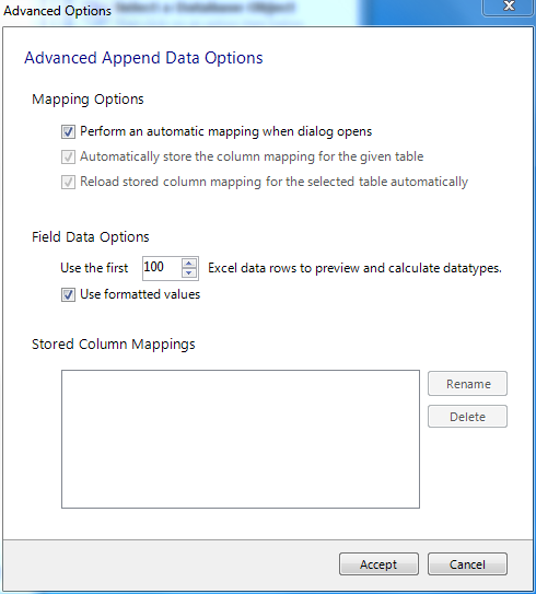 Appending Excel data to MySQL (Advanced Options)
