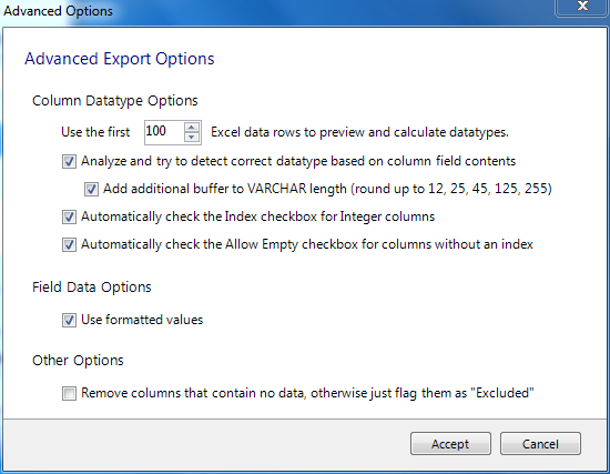 Exporting Excel data to MySQL (Advanced options)