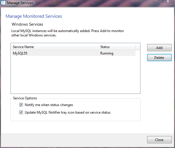 MySQL Notifier for Microsoft Windows Manage Services menu