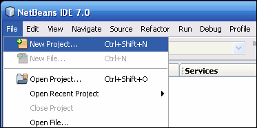 NetBeans IDE with the File | New Project menu item selected.