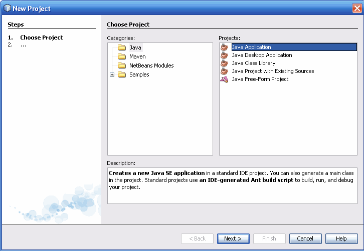 NetBeans IDE, New Project wizard, Choose Project page.
