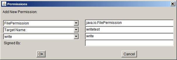 the Permissions dialog, with fields filled in