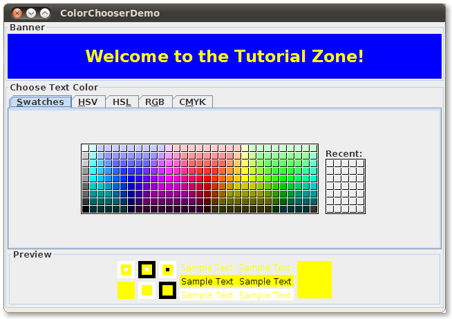 A snapshot of ColorChooserDemo, which contains a standard color chooser.