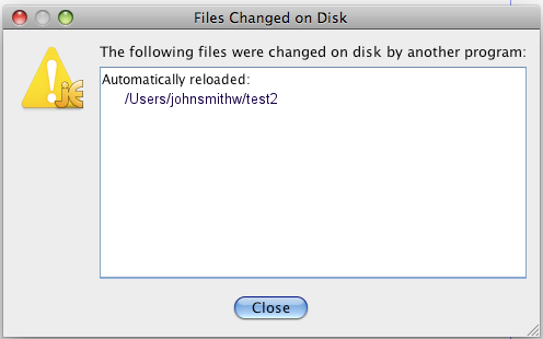 Выборка jEdit Диалоговое утверждение: следующие файлы были изменены на диске другой программой.
