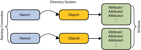 Схема показывая систему каталогов: имя ссылается на объект каталога, который содержит атрибуты.