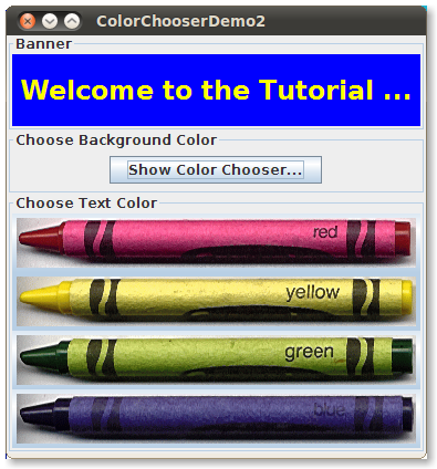 Снимок ColorChooserDemo, который содержит пользовательского цветного селектора.