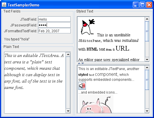 Приложение, которое обеспечивает выборку каждого текстового компонента Swing