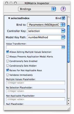 The selectedIndex attribute in the bindings inspector