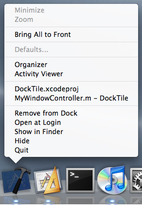 Project Builder’s application Dock menu