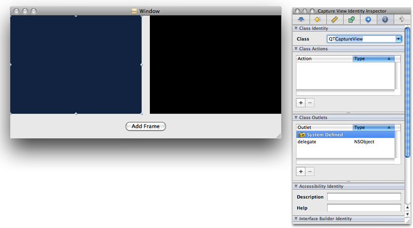 The QTCaptureView window and Class Identity in the Inspector