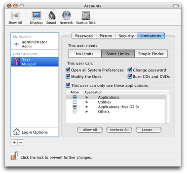 Accounts system preferences Limitations pane