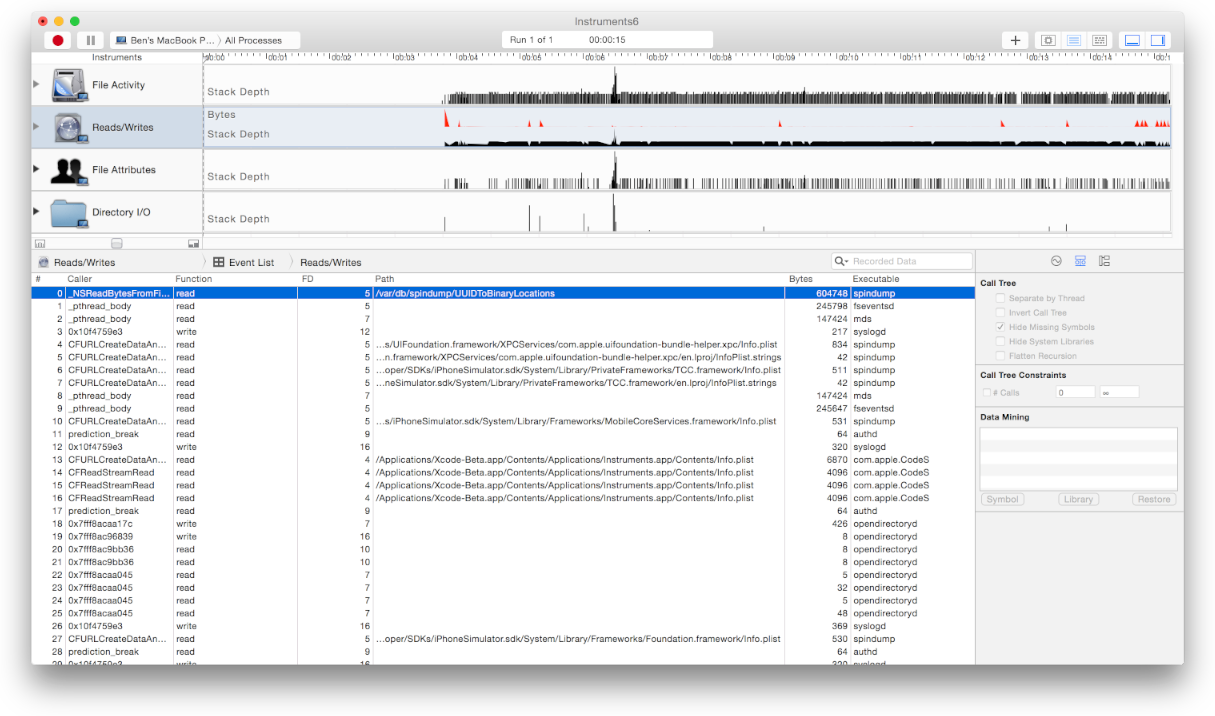 The Instruments window while tracing