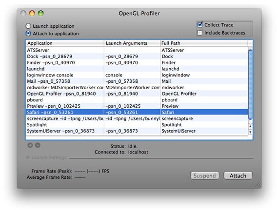 Choosing an application to attach to OpenGL Profiler.