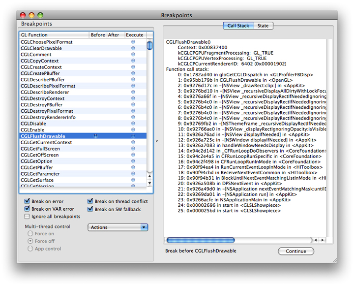 The Breakpoints window displaying the call stack