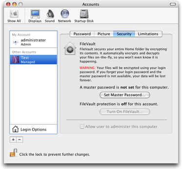 Accounts system preferences Security pane