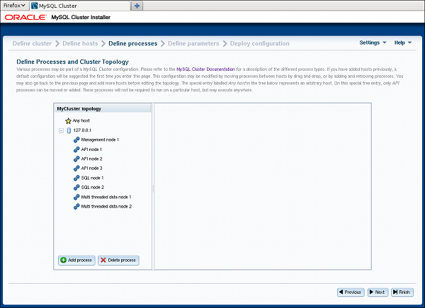 Экран MySQL Cluster Auto-Installer Define Processes.